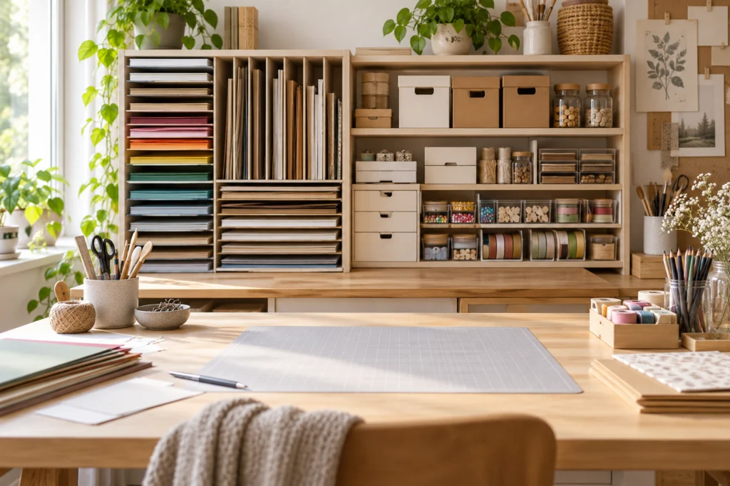 Geordnete Papierfächer, kleine beschriftbare Boxen und eine freie Arbeitsfläche am Basteltisch.