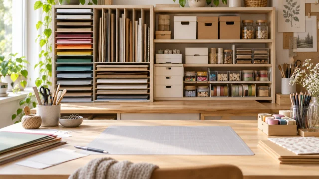 Geordnete Papierfächer, kleine beschriftbare Boxen und eine freie Arbeitsfläche am Basteltisch.