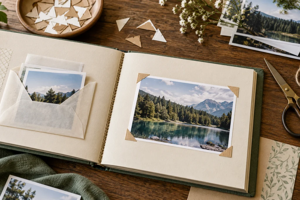 Fotoecken, eine Papiertasche und ein Landschaftsfoto liegen lose auf einer Albumseite.