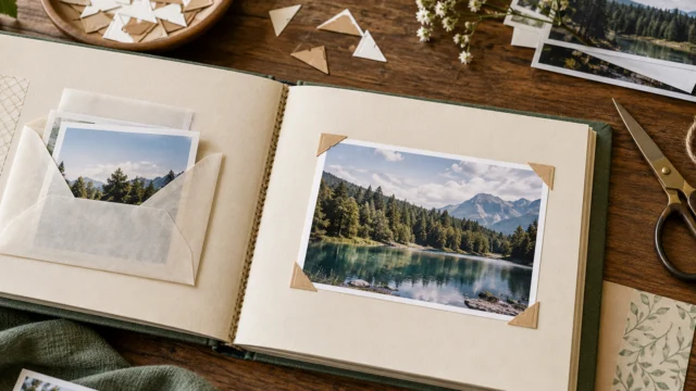 Fotoecken, eine Papiertasche und ein Landschaftsfoto liegen lose auf einer Albumseite.