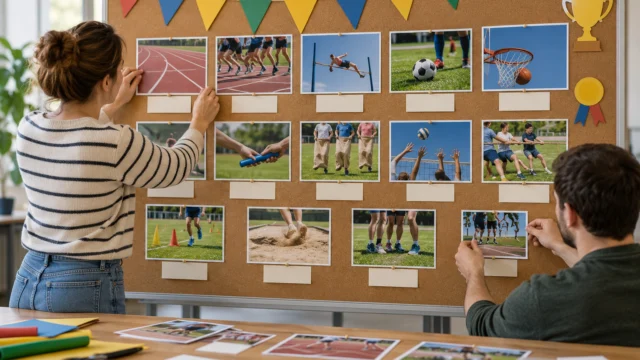 Freistehende Fotowand mit geordneten Sportbildern und Papierüberschriften in einem Vereinsraum.