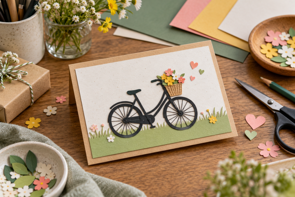 Handgemachte Geburtstagskarte mit schlichter Fahrradsilhouette und wenigen farbigen Papierflächen.