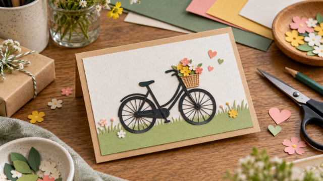 Handgemachte Geburtstagskarte mit schlichter Fahrradsilhouette und wenigen farbigen Papierflächen.