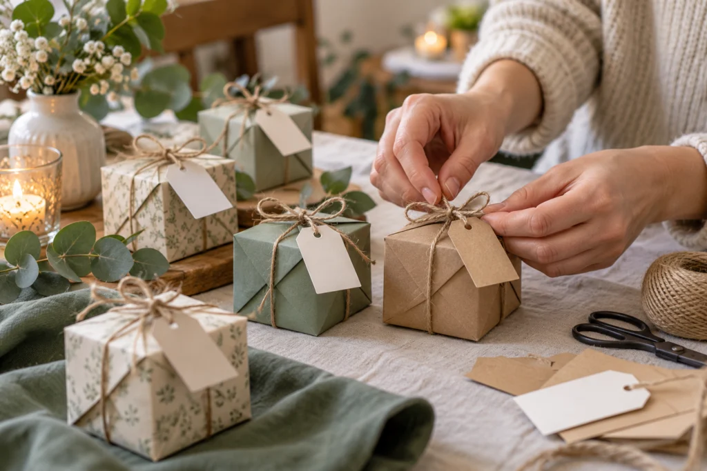 Kleine gefaltete Papiergeschenkboxen mit schlichten Anhängern auf einer Vereinsfeier-Tafel.