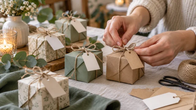 Kleine gefaltete Papiergeschenkboxen mit schlichten Anhängern auf einer Vereinsfeier-Tafel.