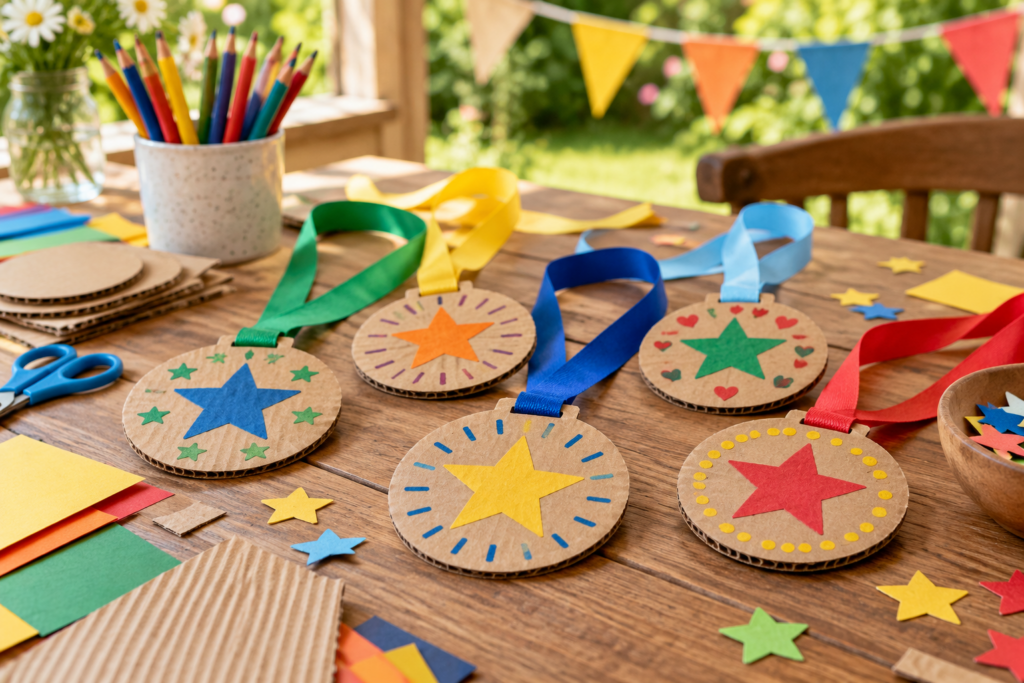 Bunte Kartonmedaillen mit einfachen Sternmotiven und Papierbändern auf einem Basteltisch.