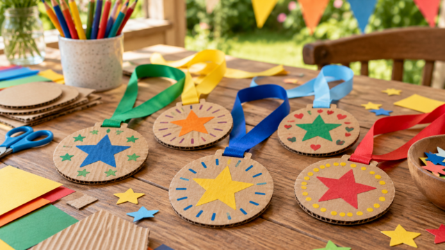Bunte Kartonmedaillen mit einfachen Sternmotiven und Papierbändern auf einem Basteltisch.