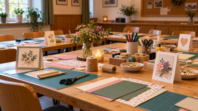 Vorbereitete Bastelplätze in einem Vereinsraum mit Kartenpapier, Mustern und gemeinsamen Materialschalen.