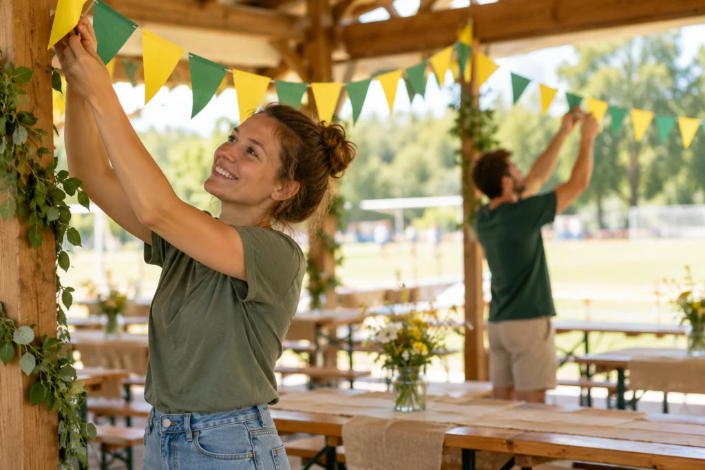 Schlichte Papierwimpel in zwei Vereinsfarben hängen in einem hellen überdachten Festbereich.