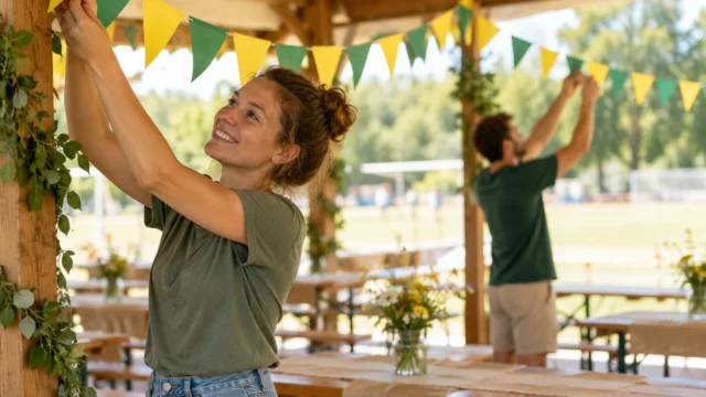 Schlichte Papierwimpel in zwei Vereinsfarben hängen in einem hellen überdachten Festbereich.