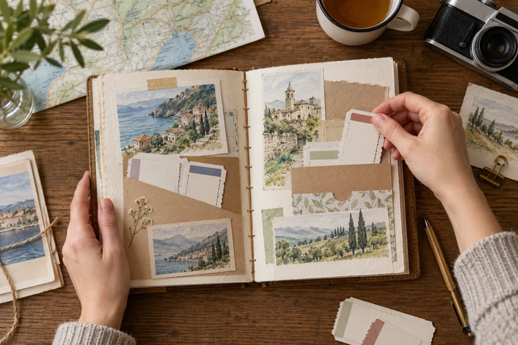 Offenes handgebundenes Reisetagebuch mit Papiertaschen, neutralen Tickets und Landschaftsskizzen.