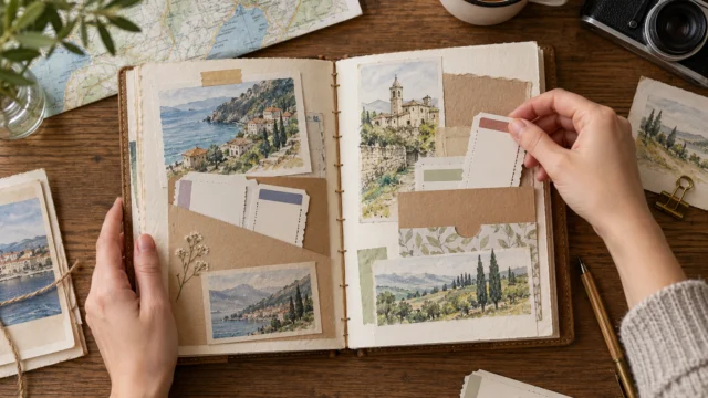 Offenes handgebundenes Reisetagebuch mit Papiertaschen, neutralen Tickets und Landschaftsskizzen.