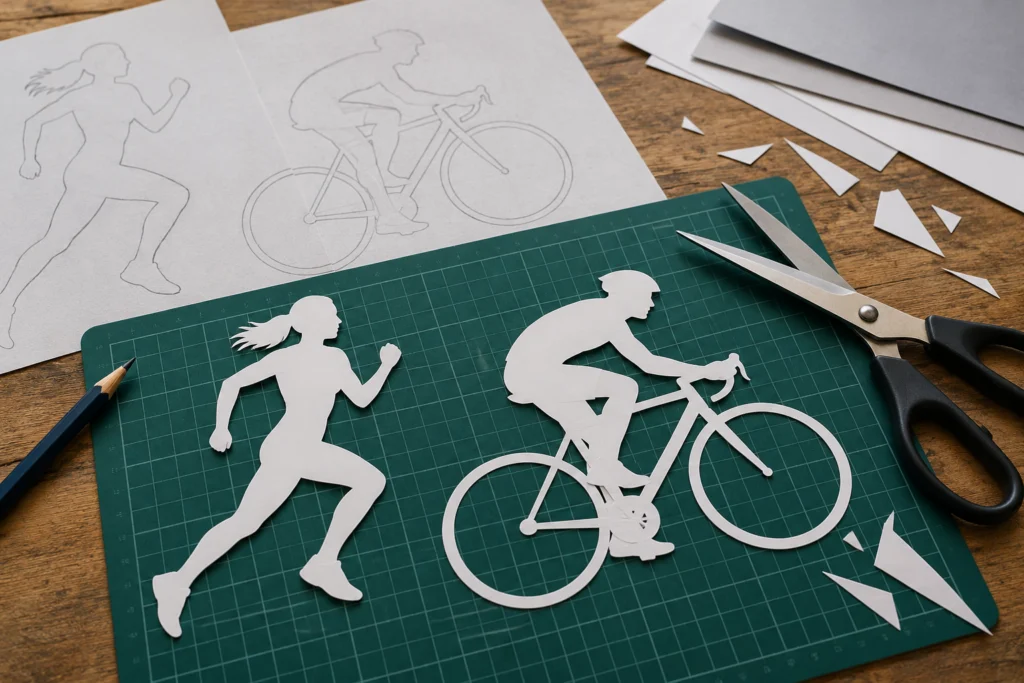 Schlichte Papier-Silhouetten eines Läufers und eines Radfahrers neben einer Schere auf Schneidunterlage.