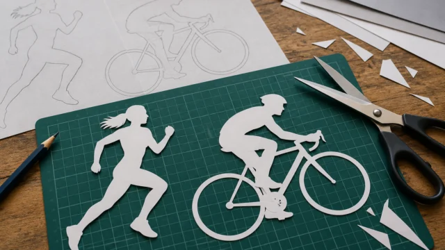 Schlichte Papier-Silhouetten eines Läufers und eines Radfahrers neben einer Schere auf Schneidunterlage.