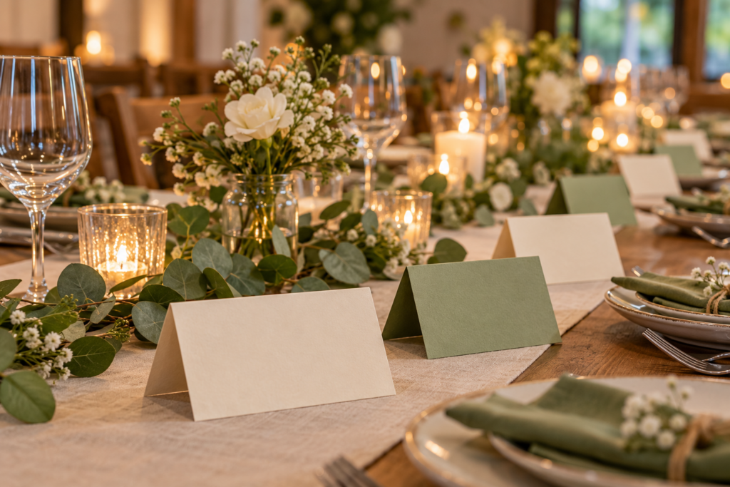 Gefaltete Tischkarten in schlichten Vereinsfarben auf einer gedeckten langen Tafel.