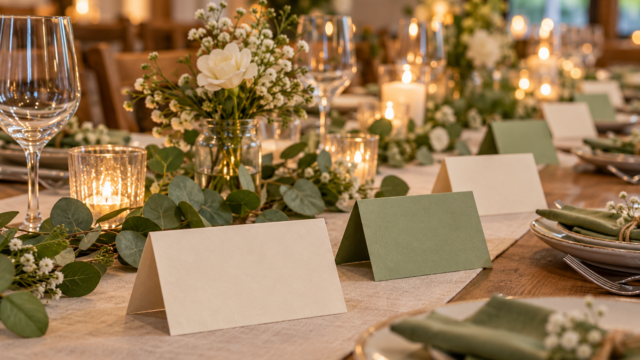 Gefaltete Tischkarten in schlichten Vereinsfarben auf einer gedeckten langen Tafel.