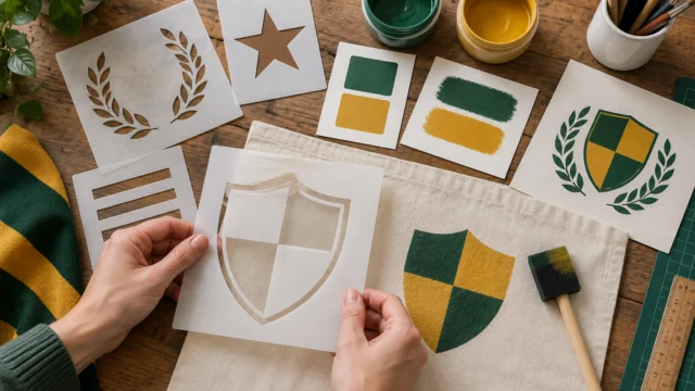 Wiederverwendbare Papierschablonen, zwei Farbfelder und Probekarten auf einem aufgeräumten Tisch.