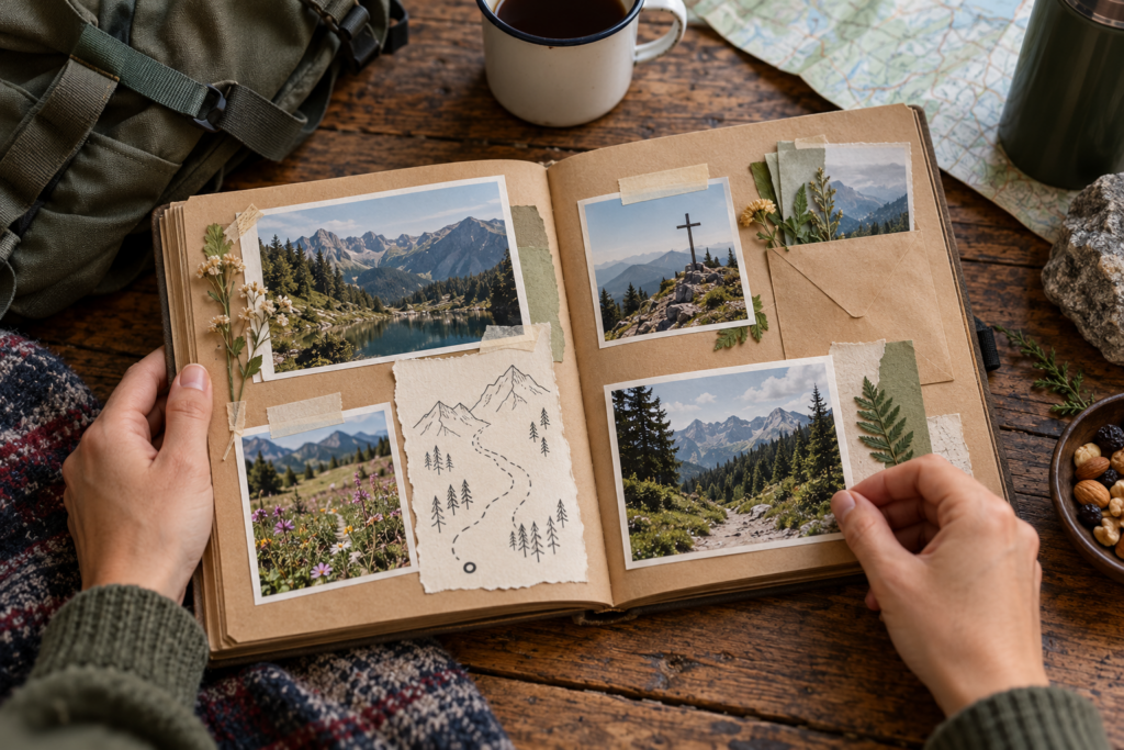 Kleines Wanderalbum mit Landschaftsfotos, einer Papierkarte und handgeschriebenen Notizen.