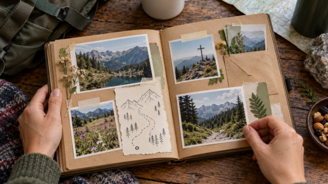 Kleines Wanderalbum mit Landschaftsfotos, einer Papierkarte und handgeschriebenen Notizen.