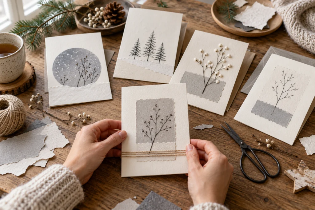 Schlichte Winterkarten aus cremefarbenem und grauem Papier mit gezeichneten Zweigen.