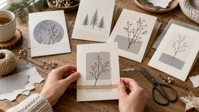 Schlichte Winterkarten aus cremefarbenem und grauem Papier mit gezeichneten Zweigen.